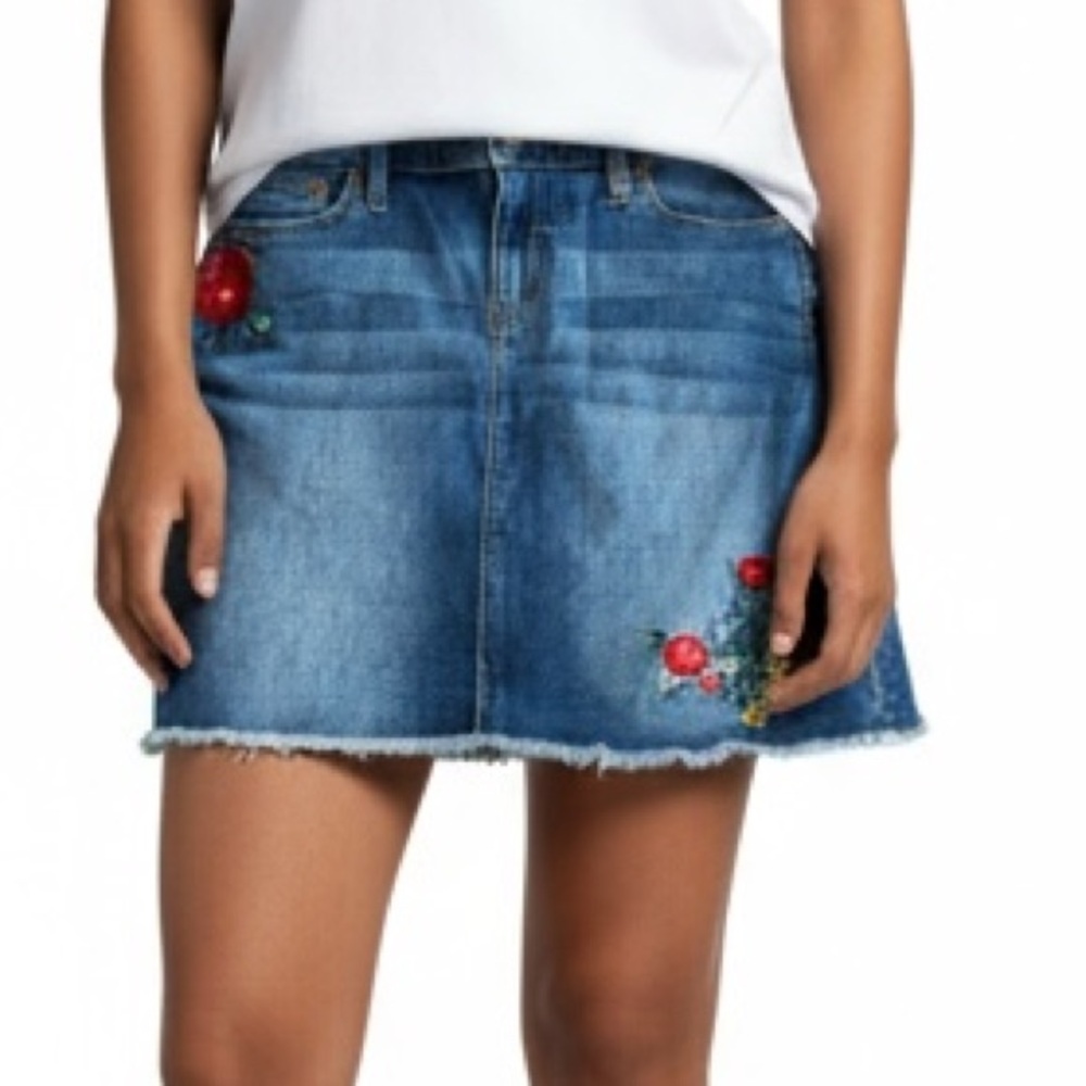 J. Crew Blue Denim Skirt with Red Floral Embroidery